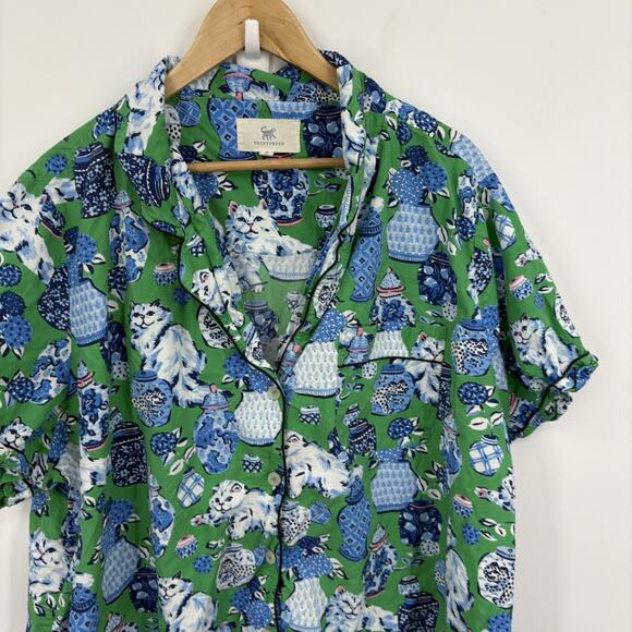 Printfresh Fancy Cat Pajama Shirt Womens 3X Short Sleeve Top Whimsy Retro Poplin - Picture 4 of 8